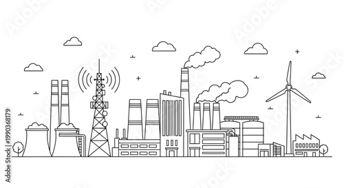 Outline illustration of a modern industrial cityscape with power plants and telecommunication tower.