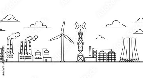 Set of industrial icons with factory power plant wind turbine and telecommunication tower.