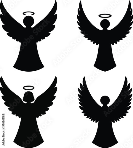 Four black angel silhouettes with halos wings 1