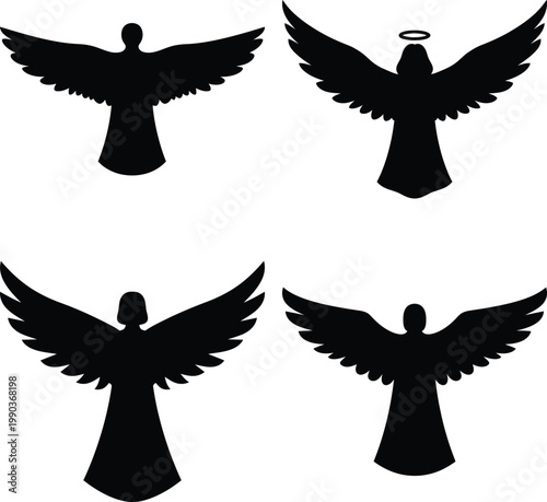 Four black angel silhouettes with varying wing positions and one with a halo on white background