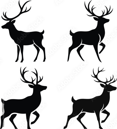Four black deer silhouettes with antlers on white background