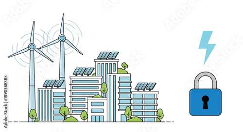 Illustration of sustainable smart city with wind turbines solar panels and energy security padlock.