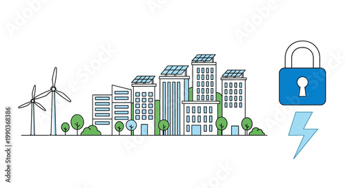 Green energy city concept with wind turbines and solar panels protected by security lock.