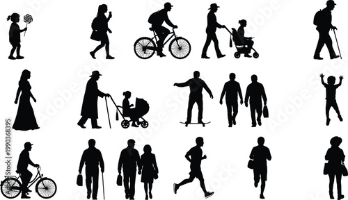 People silhouette collection showing daily activities including walking, cycling, parenting, shopping, running, diverse lifestyle scenes isolated on white background