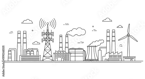 Industrial city landscape sketch with power plants and communication tower.