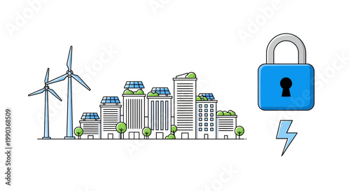 Secure Sustainable Energy Concept with Wind Turbines and Cityscape.