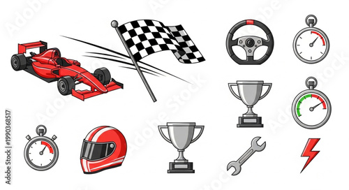 Racing elements collection with car flag and trophy.