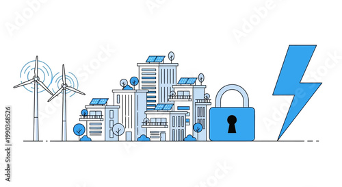 Modern smart city energy security and sustainable infrastructure illustration.
