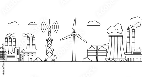 Fotografía Industrial and energy landscape sketch with factory and wind turbine