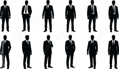 Business men silhouettes set featuring professional poses in formal suits, corporate style characters isolated on white background