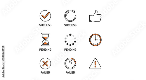 Success pending and failed status icons set with checkmark and cross