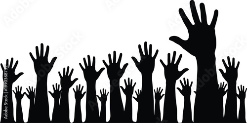 Raised hands silhouettes crowd showing participation, support, voting and unity concept, social movement illustration isolated on white background