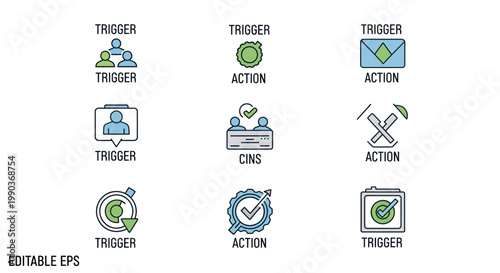 Trigger icons set representing psychological stimuli and process activation