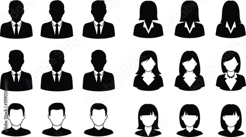 Silhouette illustration of fifteen professional and casual avatar icons, highlighting hairstyle variation, business attire, and simplified human profile design