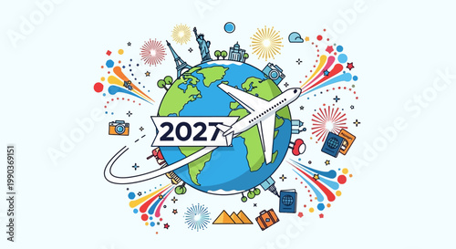 Globe with airplane flying.