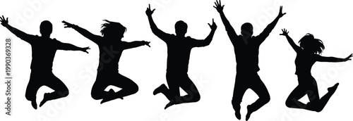 Silhouette illustration of five jumping human figures in dynamic poses, symbolizing joy, energy, celebration, and expressive body movement design