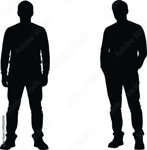 Two standing male silhouettes isolated on white background, casual posture human figures, full body shadow outlines, people profile illustration concept