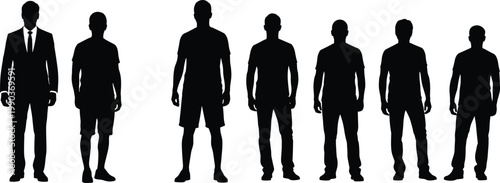 Male silhouettes collection showing different body types, outfits and poses including business suit and casual styles isolated on white background