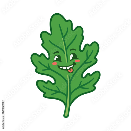 A cheerful smiling leaf with rosy cheeks and a tongue sticking out is illustrated.