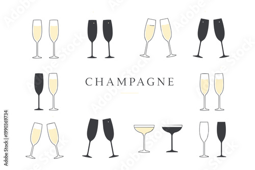 Collection of Champagne Glasses and Toasting Celebration.