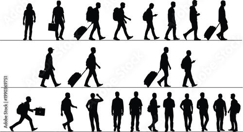 Traveler silhouettes collection showing walking people with luggage, backpacks and phones, airport journey concept, business travel and commuting lifestyle isolated