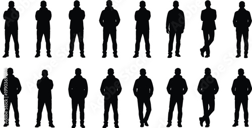 Standing male silhouette collection with different poses and casual outfits, full body people icons isolated on white background vector set
