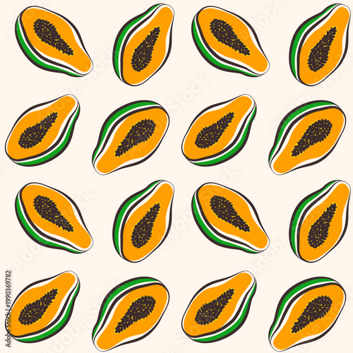 Papaya seamless vector pattern. Hand drawn tropical fruit background in vibrant orange and green