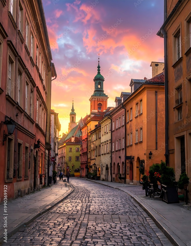 Obraz premium Narrow Cobblestone Street In Warsaw Old Town With Historic Colorful Buildings And Church Spire Under Dramatic Sunset