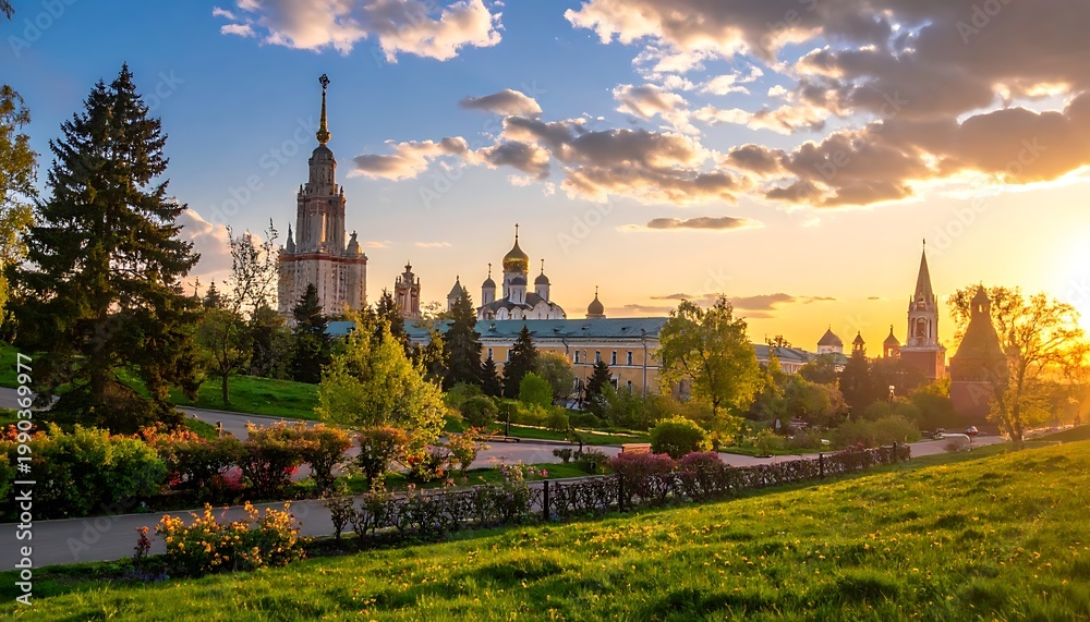 Fototapeta premium A serene landscape with a church and garden at sunset