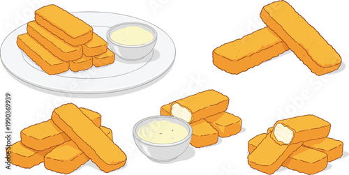 Cheese sticks snack set vector illustration with fried mozzarella sticks and dipping sauce, crispy fast food appetizer isolated on white background for restaurant menu, snack packaging and food design