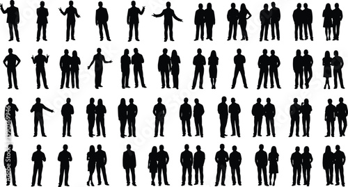Business people silhouettes set featuring standing professionals, corporate teamwork, communication gestures, office staff collection isolated on white background