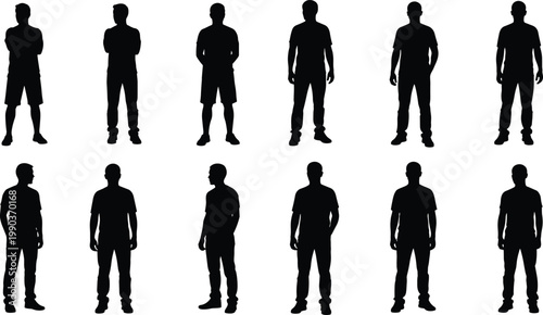 Silhouette illustration of twelve standing human figures in casual stances, highlighting posture variation, relaxed gestures, and diverse clothing outlines