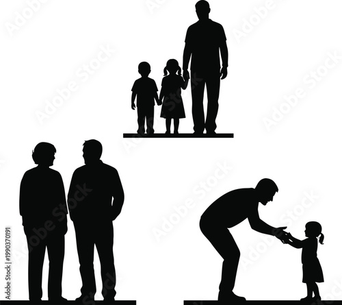 Family silhouette illustration showing father with children, caring parent interaction, bonding moments, parenting concept, love, protection, childhood relationships and trust
