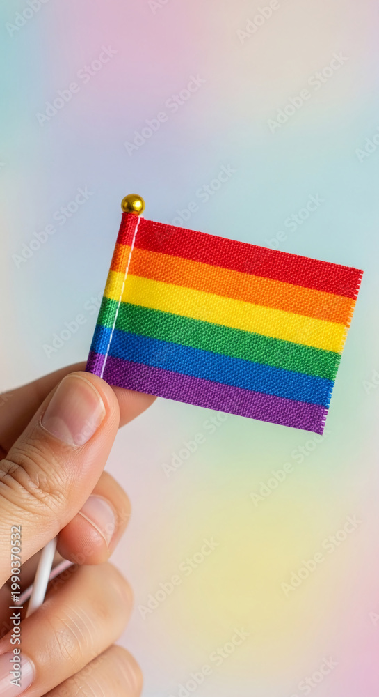 Fototapeta premium Hand holding small rainbow flag with golden ball on top, symbolizing pride and diversity, against blurred colorful background, perfect for inclusion