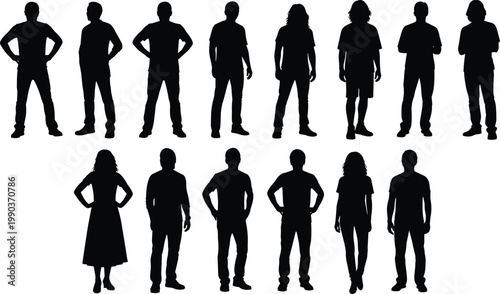 Silhouette illustration of fourteen diverse human figures in varied stances and clothing styles, highlighting posture, gesture, and body shape differences