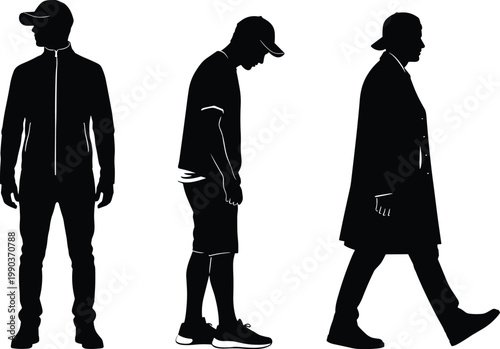 Silhouette illustration of three standing and walking human figures wearing caps, showcasing diverse clothing styles, postures, and movement variation