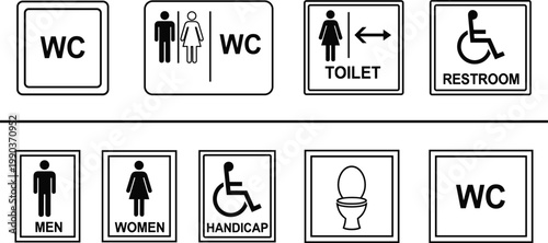 Restroom signage icons set including WC labels, men women symbols, toilet signs and wheelchair accessibility symbols isolated on white background