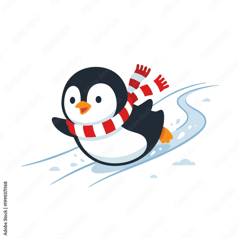 Fototapeta premium A cartoon penguin wearing a red and white scarf and mittens slides down a snowy slope on its belly.