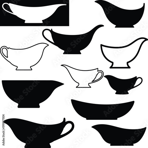 Black and white silhouettes of sauceboats and bowls