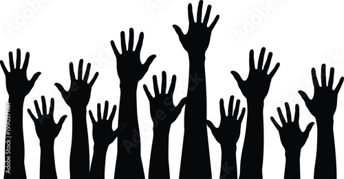 Raised hands silhouettes group showing crowd participation, voting, support and unity concept, human gesture collection isolated on white background