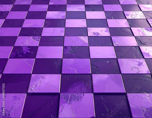 Purple 3d Checkered Floor Pattern With Textured Weathered Glossy Tiles In Perspective View Abstract Background