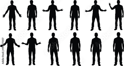 Silhouettes of standing human figures in multiple expressive poses, showcasing diverse gestures, stances, and body language for design and illustration use