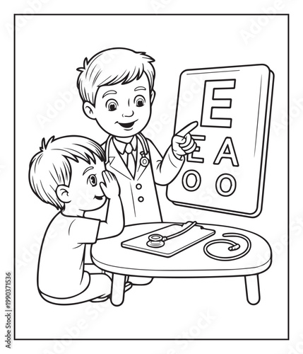 Medical student activity book of a cute doctor and patient in hospital black line art vector illustration coloring page for kids and adults