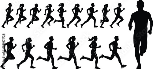 Running people silhouettes set featuring men and women jogging in different poses, fitness training and active lifestyle concept isolated