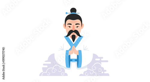 Φωτογραφία Cartoon Asian man character in traditional clothing greeting with hands pressed together