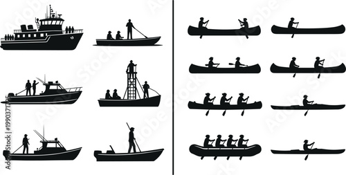 Boat and canoe silhouette collection featuring fishing vessels, paddlers, maritime transport, outdoor adventure scenes isolated on white background vector illustration