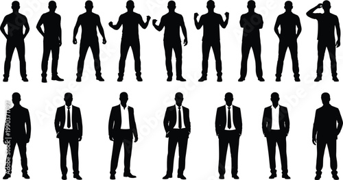 Silhouette illustration showing sixteen human figures in casual and formal clothing styles, highlighting posture differences and contrasting professional versus everyday fashion