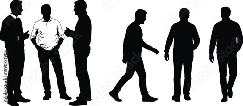 Silhouette illustration of six human figures standing and walking, symbolizing conversation, movement, posture, and expressive body language design