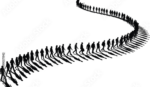 Silhouettes of people walking in S‑shaped queue, long shadows, collective movement concept, perspective depth vector illustration design