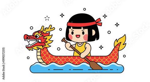 Cute cartoon girl rowing a traditional Chinese dragon boat.